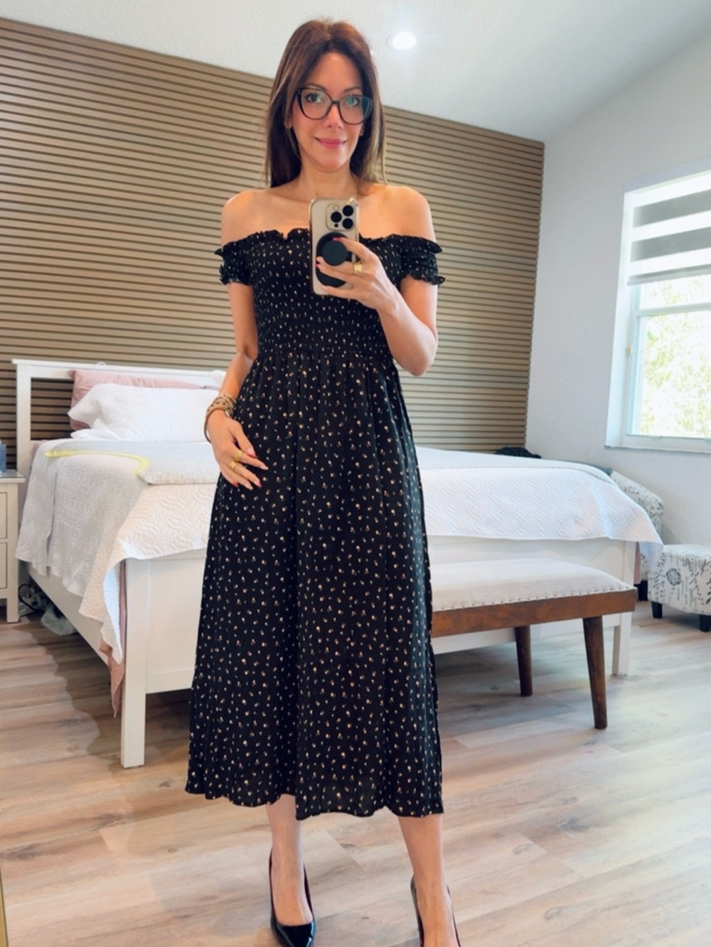 Forever 21 Black Off-Shoulder Smocked Maxi Dress with Tiny Floral Print